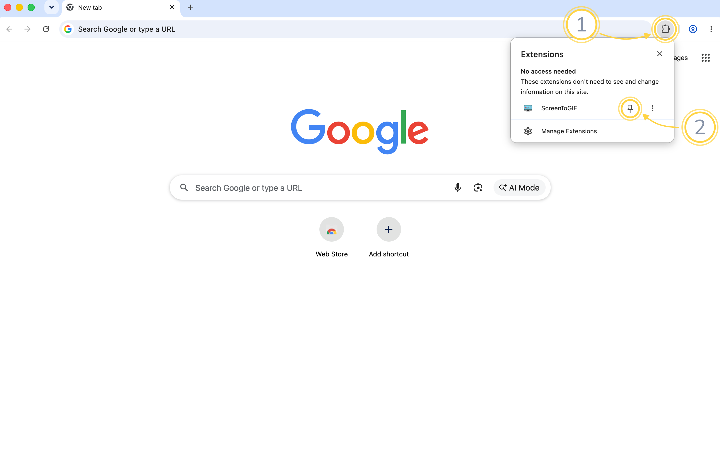 Chrome extensions menu with the puzzle-piece icon and the pin beside ScreenToGIF highlighted.