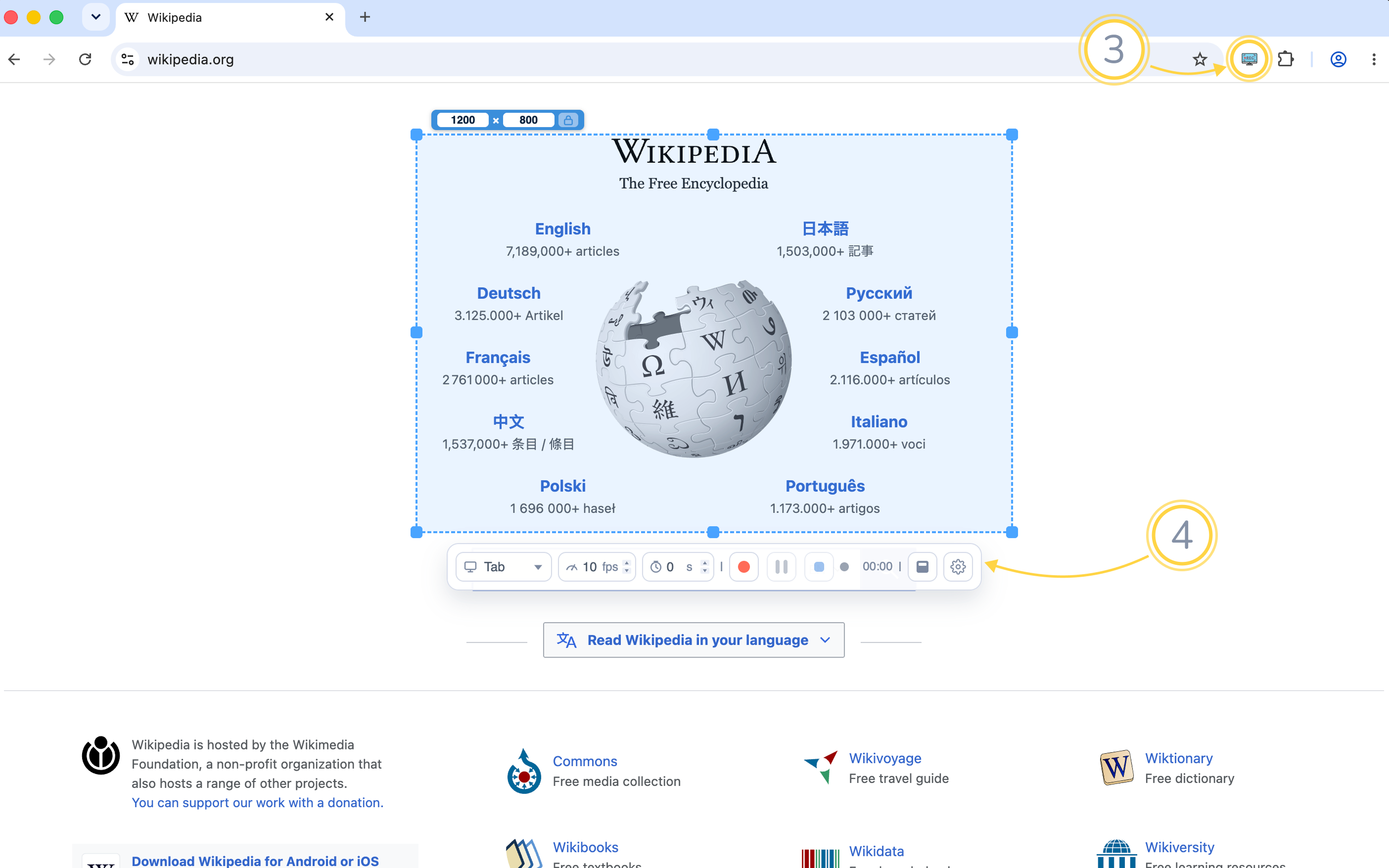 The pinned ScreenToGIF toolbar icon and the recording control bar highlighted over a web page.