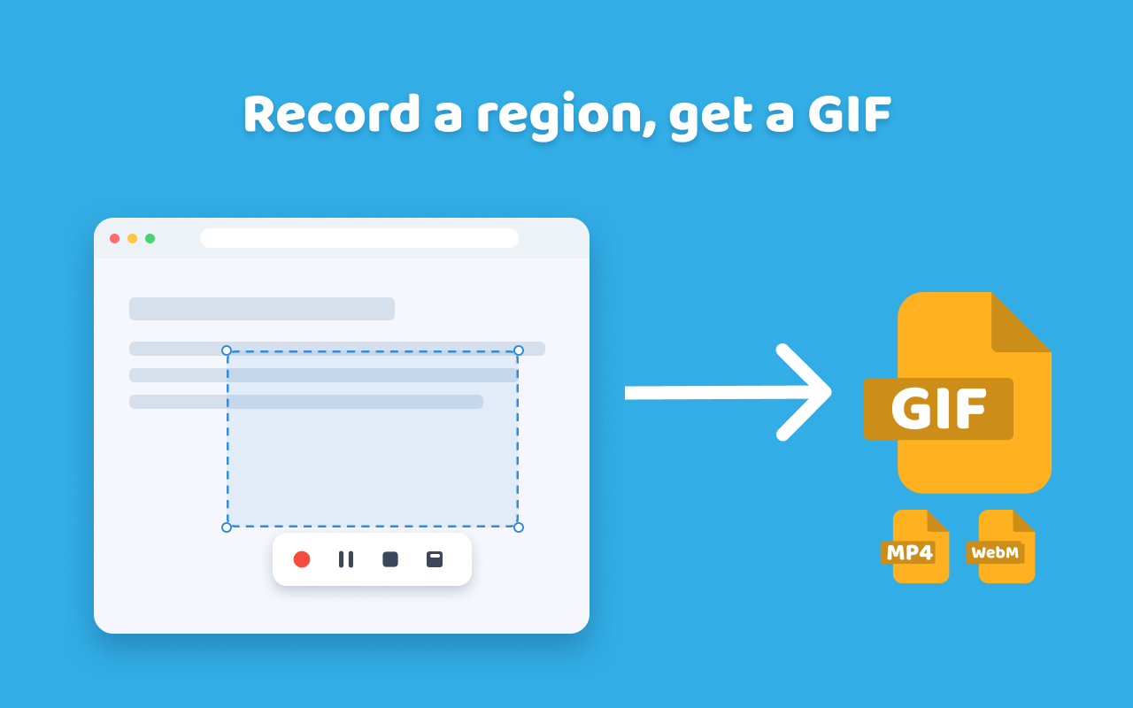 A dashed selection rectangle drawn over a web page, with record, pause and stop controls, and an arrow pointing to GIF, MP4 and WebM files.