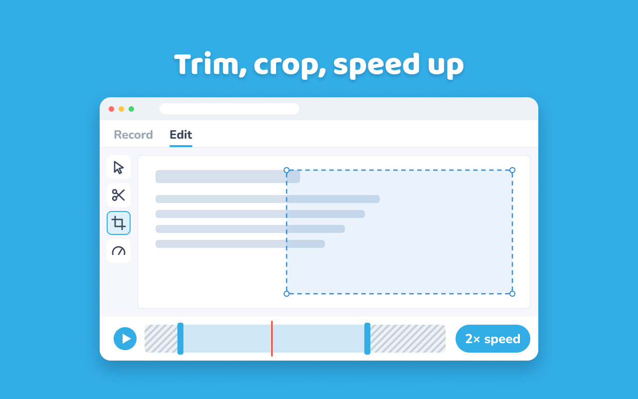The editor with trim handles on a timeline, a crop rectangle, and a 2× speed control.