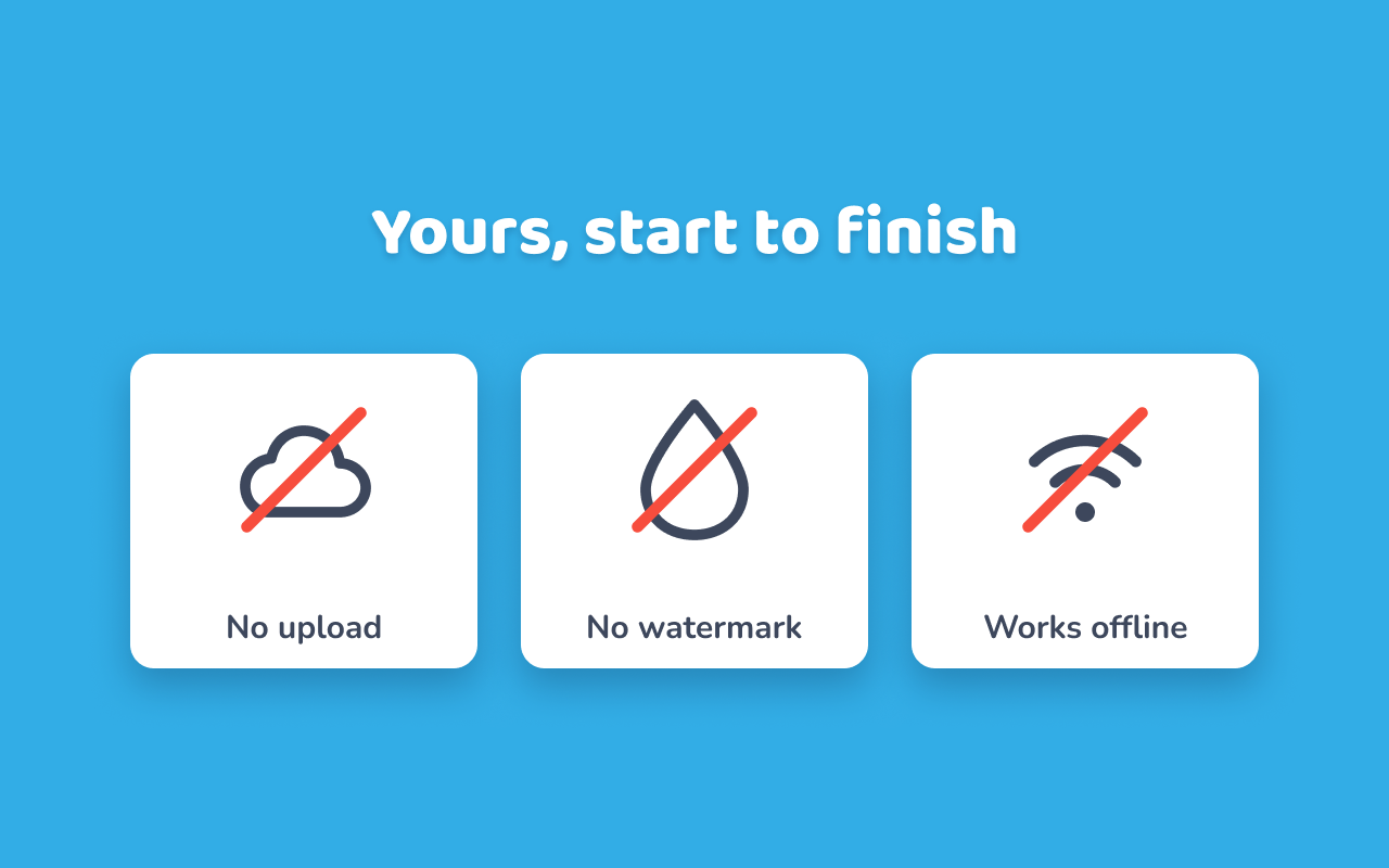 Three promises: no upload, no watermark, works offline.