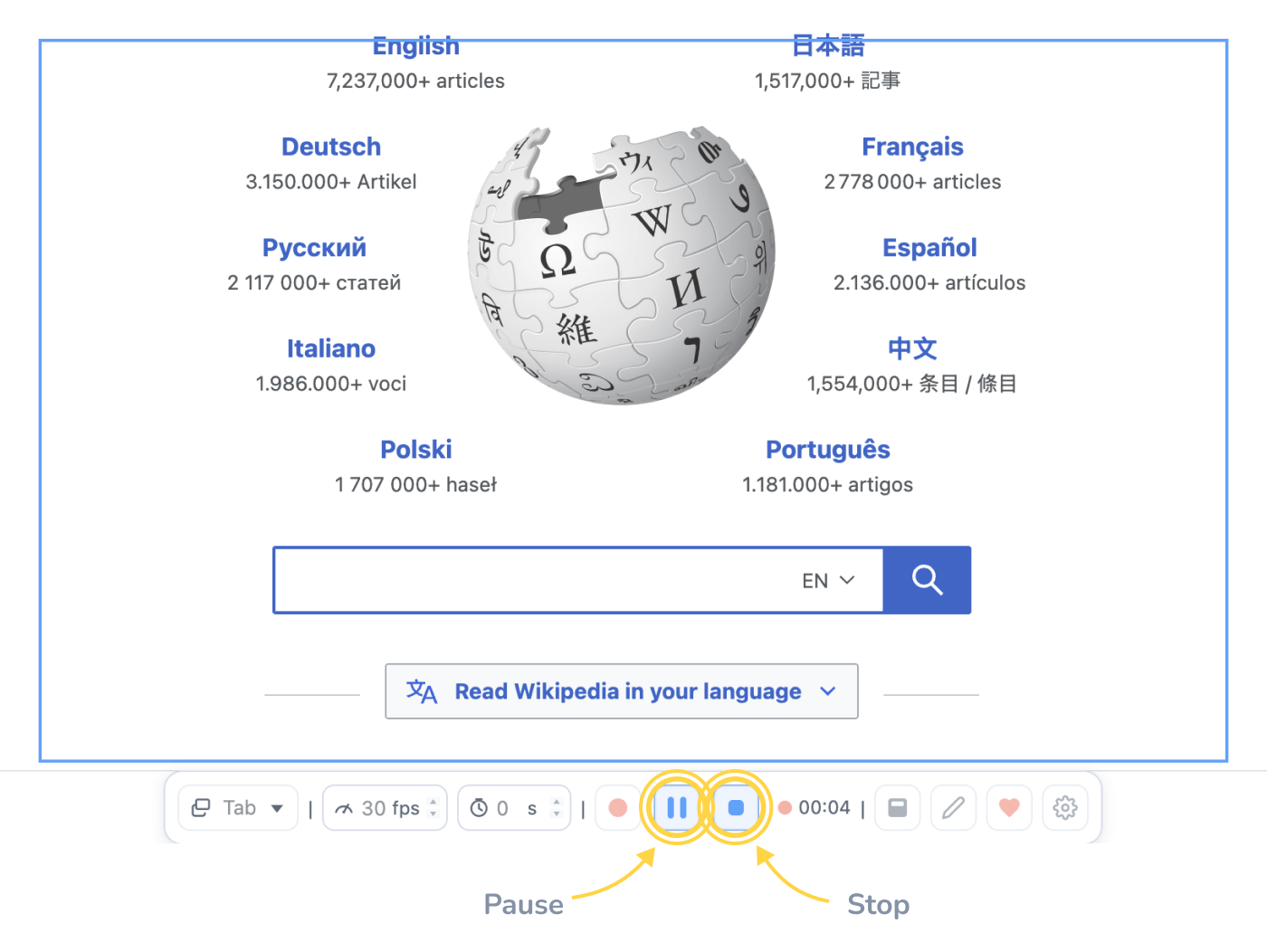 The same selection on Wikipedia with a solid border while recording and the timer at four seconds; the pause and stop buttons on the toolbar are ringed and labelled.